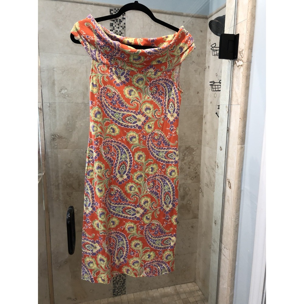 Ralph Lauren Hawaiian Dress Large L Orange Paisley Off Shoulder Stretch Sheath